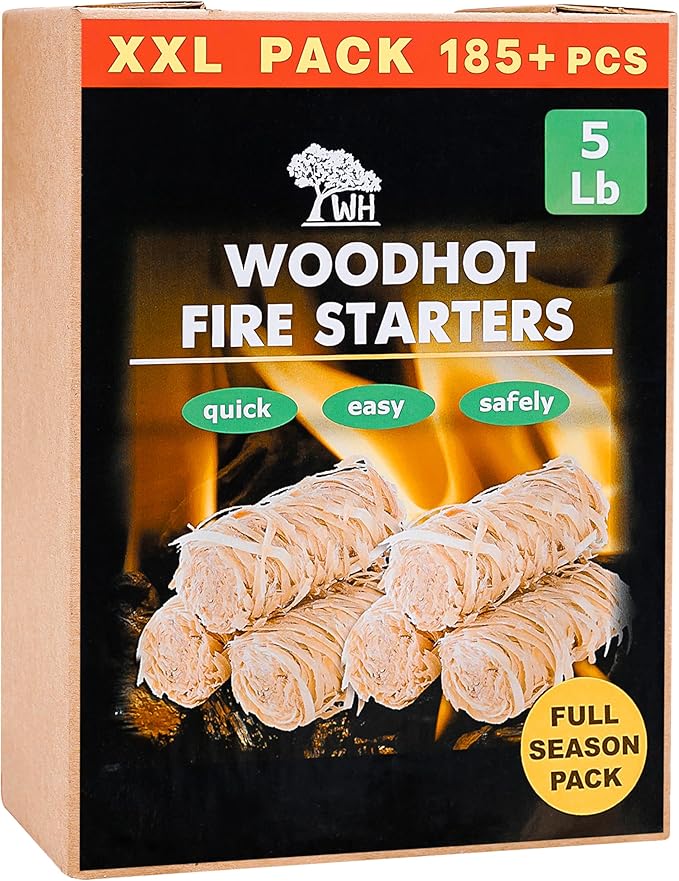 WH 185 pcs Natural Fire Starters for Campfires & Grill - 5lb Large Box - Long-Burning Charcoal Starters - Odorless Firestarters for Outdoor Fire Pit, Fireplace - Quick Ignite