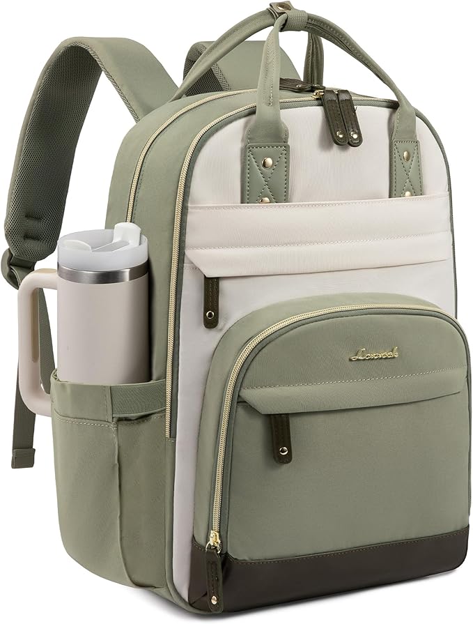 LOVEVOOK Laptop Backpack Women with Giant Cup Holder,18.4 inch Waterproof Work Travel Backpack Computer Laptop Bag,Cute College Nurse Teacher Backpack Purse,Gifts for Women & Men,Been green-Beige-Cyan