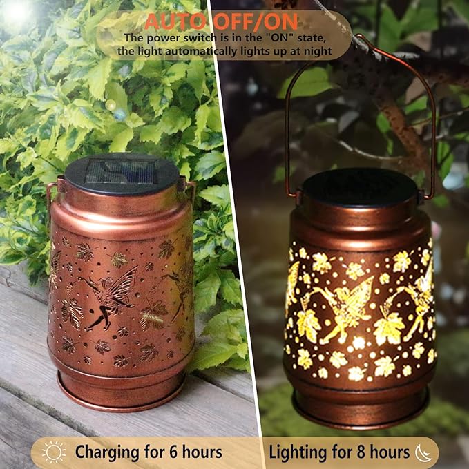 Solar Fairy Lanterns Outdoor Hanging Maple Leaf Decor Lantern,Waterproof Hollow Out Metal Decorative Garden Light,Graceful Decoration for Patio,Yard,Landscape,Walkway,Festival