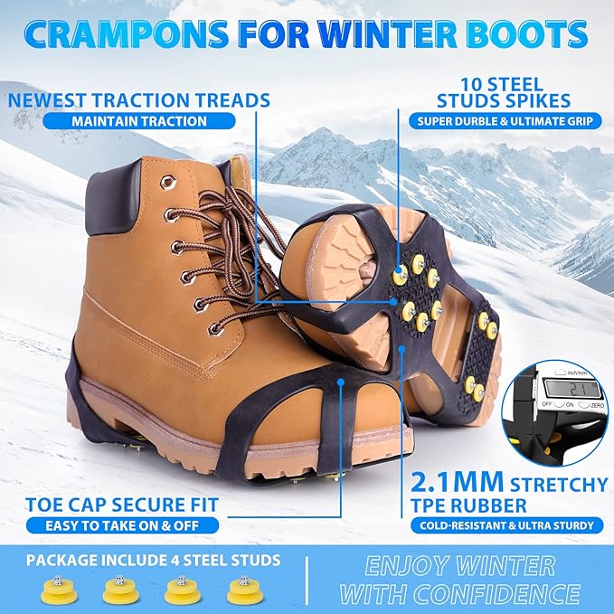 Sfee Ice Cleats for Boots Shoes, Snow Grips Cleats for Ice and Snow Anti-Slip Rubber Traction Cleats for Walking on Snow and Ice 10 Steel Studs Crampons for Hiking, Walking, Climbing, Jogging