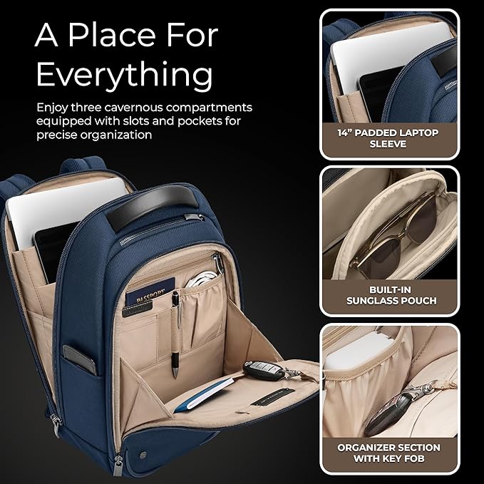 Briggs & Riley Slim Backpack for Women & Men - Laptop Backpack, For Work & Travel, Carry On Size, Lightweight & Durable, Padded Straps, Fits up to 14" Laptop - @work Collection, Navy