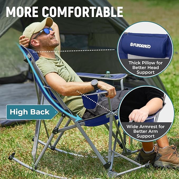 FUNDANGO Rocking Camping Chair, 2 Pack High Mesh Back Portable Folding Camp Chairs with Pillows, Cup Holder and Carry Bag for Lawn Patio Garden Outdoor Supports 300 Lbs (Blue/Grey)