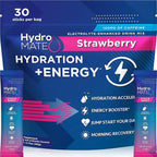 HydroMATE Electrolytes Powder Drink Mix Packets Hydration Accelerator Low Sugar Rapid Party Relief Recovery Vitamin C Plus Caffeine Strawberry 30 Count