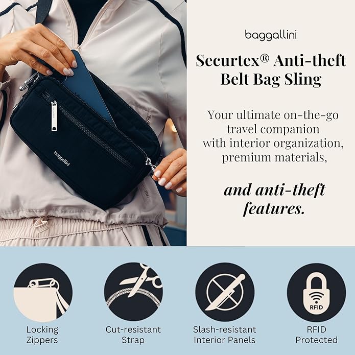 Baggallini Securtex Anti-theft Belt Bag 8.8"x5.5" Crossbody Fanny Pack for Women RFID Wallet Locking Zipper Travel Purse