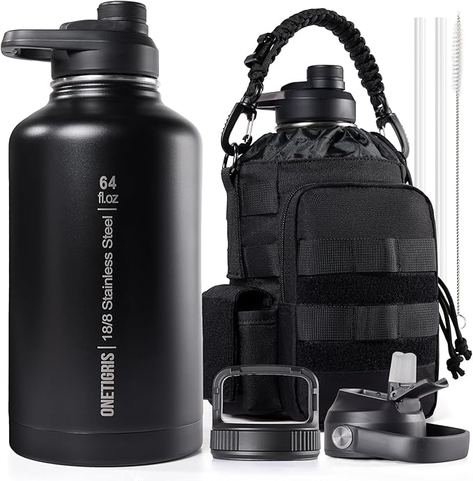 OneTigris Tactical Half Gallon Water Bottle with Straw - 64 oz Vacuum Insulated Stainless Steel Water Jug, Leakproof Sport Bottle with 3 BPA Free Lids, Paracord Handle & MOLLE Water Pouch for Outdoor