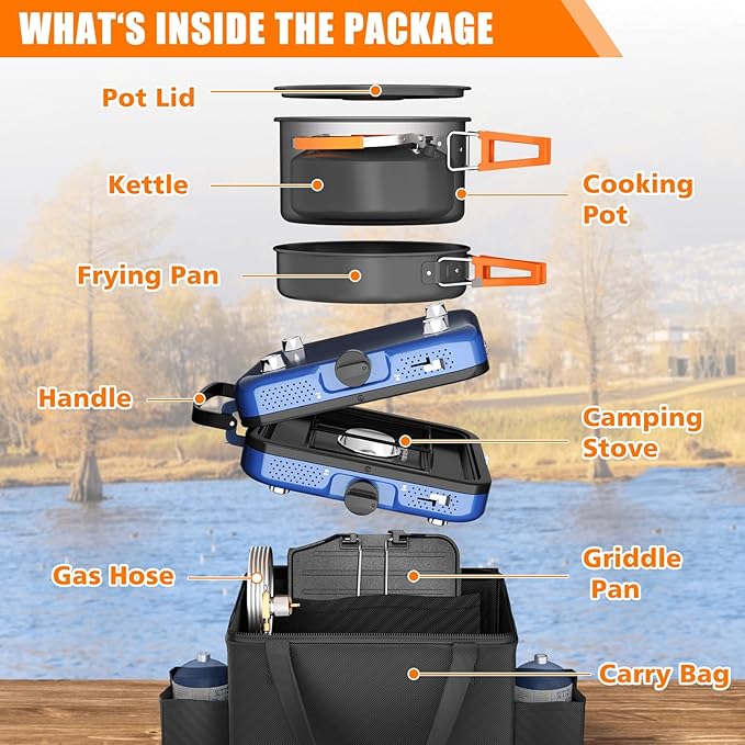 Portable 2 Burner Camping Stove Set with Cookware, Outdoor Cooking Kit Includes Outdoor Folding Gas Stove, Frying Pan, Griddle, Kettle, Pot, and Carry Bag, For Propane & Butane, 20,000 BTU/h