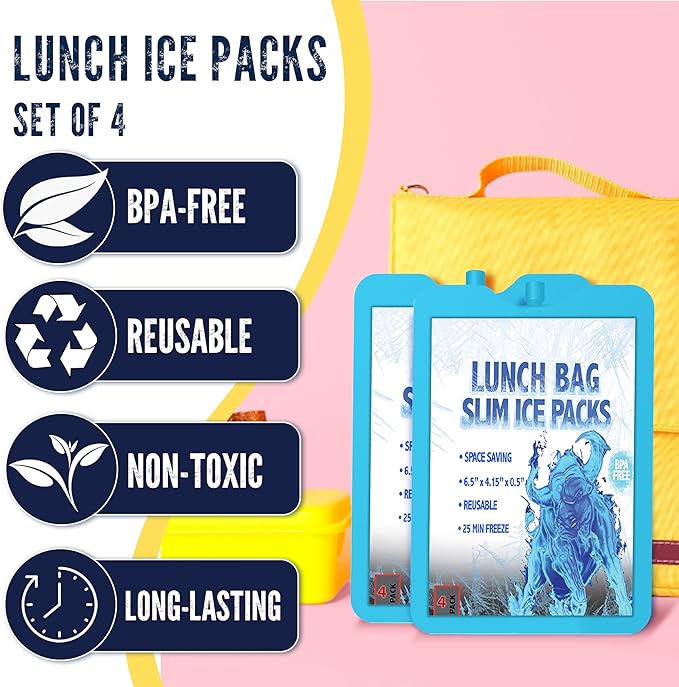Kona Ice Packs for Lunch Boxes - No Ice Bags Required - Reusable Long Lasting Cooler Ice Packs (-5C) Small Thin Freezer Packs - Freezes in 25 Minutes (Set of 4)