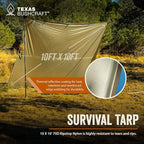 Texas Bushcraft Emergency Camping Tarp, Waterproof 10x10 Emergency Shelter for Backpacking and Hiking, 70D Ripstop Nylon Survival Tarp with Reflective Aluminized Polymer and Loop Ties with Grommets