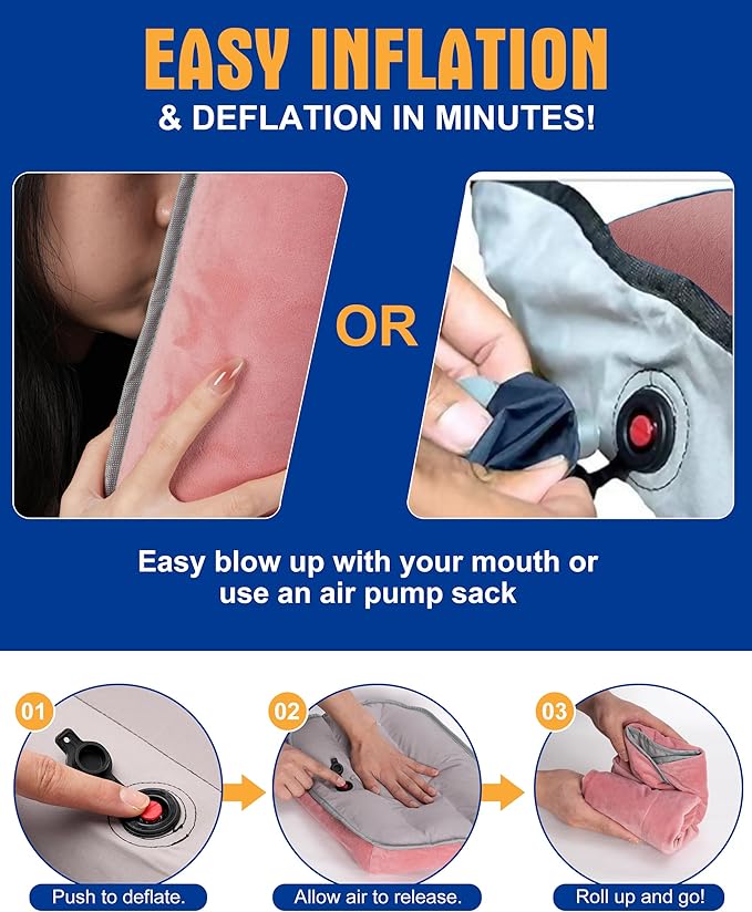 Ultralight Inflatable Camping Pillow for Sleeping – Soft Velvet Cover, Compact & Portable, Ergonomic Neck Support, Machine Washable Air Pillow, Perfect for Travel, Hiking, Backpacking – Pink