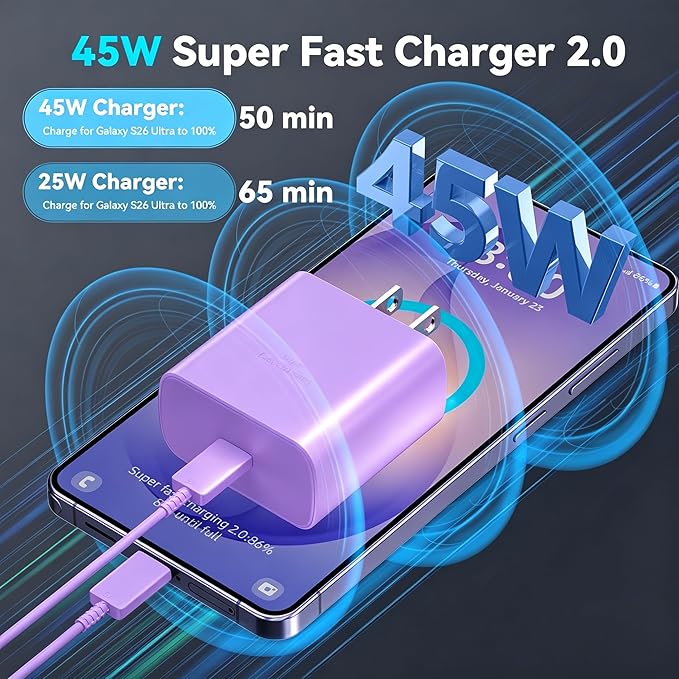 45W Super Fast Charger USB Type C Charger Cord 6.6FT with Android Phone Charger Fast Charging Block for Samsung Galaxy S26/S26 Ultra/S26+/S25/S25 Ultra/S25+/S24/S23/S22/S20/S21/Note 20/Note 10, Purple
