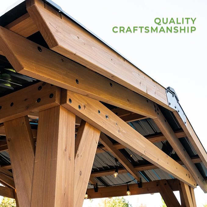 Backyard Discovery Granada 10' x 9' Cedar Wood BBQ Grill Gazebo Pavilion with Hardtop Galvanized Steel Roof, Bar Tops, Powerport, Snow Support, Wind Resistance, Cook Station for Outdoor Patio or Deck