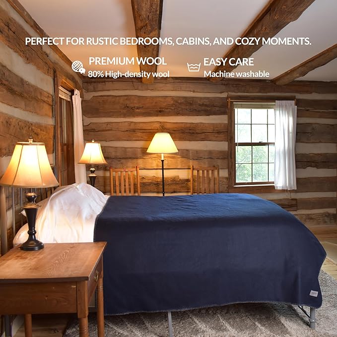 Military Style Wool Blanket – Cushioned, Breathable, Durable, Warm & Washable – Double-Stitched Border–Great for Camping, Outdoor, First Aid, Travel, Car–Fire-Resistant – 64"x90" 4.5 lb (Navy Blue)