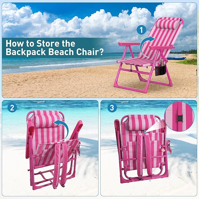 Suteck Backpack Beach Chair, 6-Positions Beach Chairs for Adults with Cooler Bag, Reclining Beach Chair with Cup Holder Folding Camping Chair for Sand Outdoor