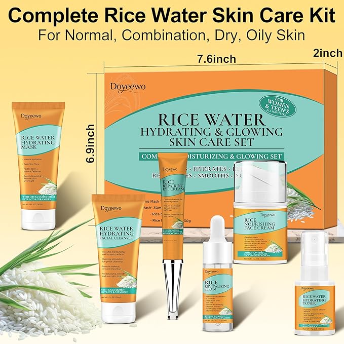 DOYEEWO Skin Care Set,6Pcs Women Teen Glass Skincare w/Korean Rice Extract,Hydrate Glow Repair Anti-Aging Facial Routine Kit Self Care Gifts for Women Mom Wife Teenage Girl Valentines Christmas Gifts