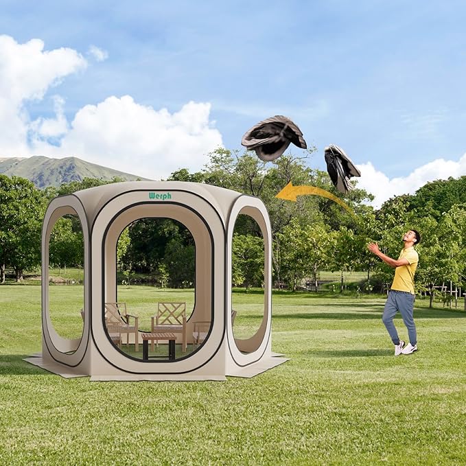 Screen Tent Pop-Up, Portable Tent Canopy with Mesh Mosquito Net, Screen House Room Canopy Shade Screen Houese 10x 10 FT with Carry Bag for Patio, Backyard, Sports & Outdoors Activities, Beige