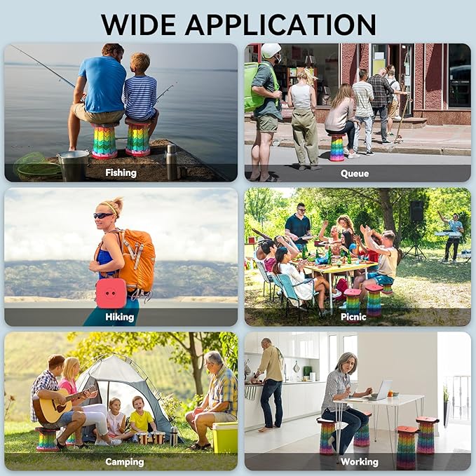 Upgraded Collapsible Stool, Portable Folding Stool, Telescoping Camping Chair with Max Load Capacity 485lbs, Square Retractable Stool for Camping Gardening Fishing Hiking BBQ [Rainbow+Red]