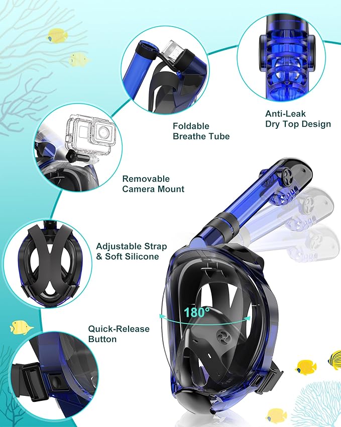 Mask Fins Snorkeling Gear for Adults, Full Face Snorkel Mask & Adjustable Swim Fins Snorkel Set, Panoramic View Snorkel Mask Dry Top Anti-Fog Anti-Leak