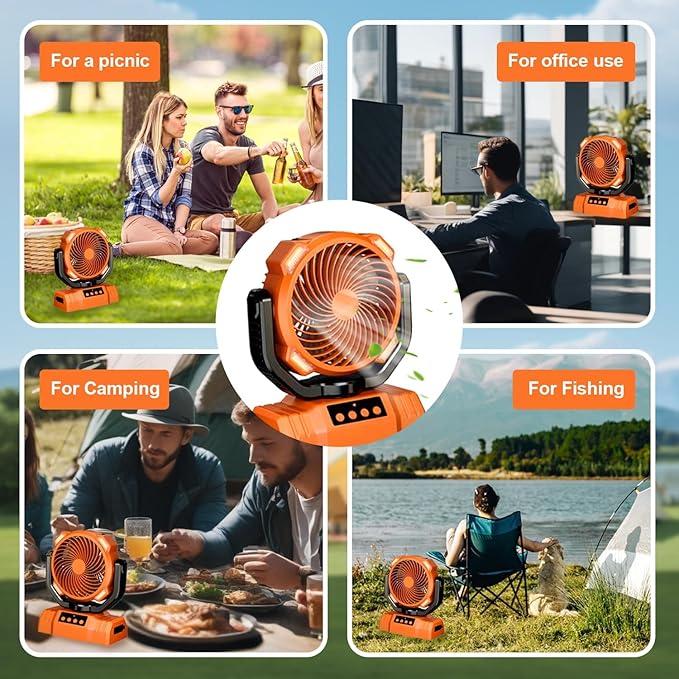 20000mAh Camping Fan with LED Lantern, 360° Oscillation, Remote Control, 4 Speed & Timer, Rechargeable Battery Powered Fan for Tent, Outdoor, Travel, Hurricane, Emergency, Power Outage(Orange)