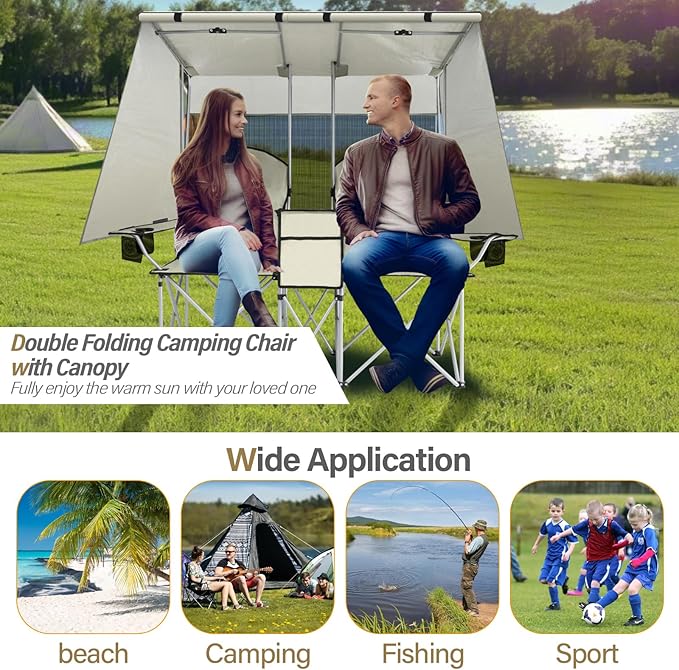 BDL Double Camping Chair with Canopy, Two Person Folding Loveseat with Shade, Heavy Duty Beach Chair with Cooler Bag, Cup Holder for Outside, Fishing, Sports, Beach-White