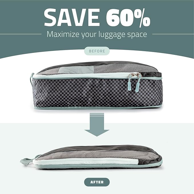 Set of 8 compression packing cubes for travel accessories- Expandable bags for clothing, toiletry, backpacks, organizing essentials (Black & Grey)