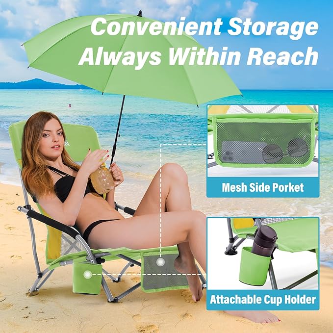 Homcosan Portable Low Folding Beach Chair with Detachable Umbrella - Lightweight Camping Chair for Adults with Cup Holder & Storage Pocket, Carry Bag Included (Green & Yellow)