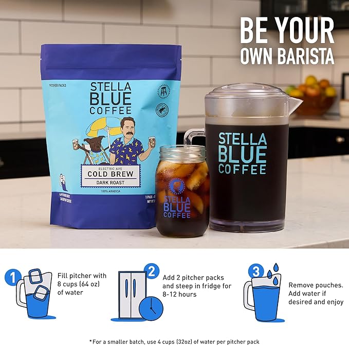 Stella Blue Cold Brew Coffee Packets, Electric Avenue Blend, Dark Roast Ground Coffee, Toffee, Dark Chocolate, and Subtle Smokey Notes, 100% Arabica, 6 Brew Packets, Makes 24 Bold Cups