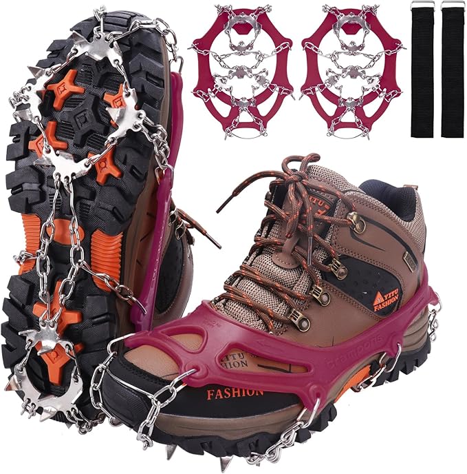 WIN.MAX Crampons for Shoes, Traction Cleats Ice Snow Grips with 19 Stainless Steel Spikes, Shoe Talons Anti - Slip Boots Spikes for Walking, Jogging, Climbing and Hiking