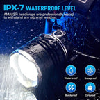 AMAKER LED Headlamp Rechargeable, 9000mAh Long Battery Head Lamp with 5 Modes, IPX7 Waterproof USB Rechargeable Headlight, Zoomable Headlamp for Adults, 90° Adjustable for Camping Hunting Climbing