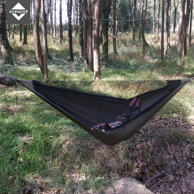Onewind 12Ft Camping Hammock with Mosquito Net and Structure Ridgeline, Lightweight Portable Double Hammock with 12ft Tree Straps and Bugnet, Ideal for Wild Camping, Hiking, Backpacking, OD Green
