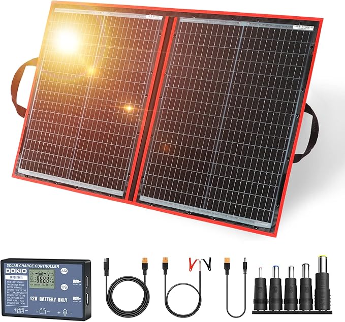 DOKIO 100W Portable Foldable Solar Panel Kit, Compact 18.9x26in Design 5.3lb with Standalone Controller and USB, Monocrystalline Charger for 12V Batteries, Power Stations, RV Camping Emergency Use