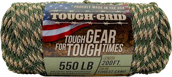 TOUGH-GRID 550 Paracord Rope Nylon Parachute Cord, Made in USA Survival Kit, Outdoor Adventures, Camping, Tactical Gear & Emergency Supplies, Military Type III Mil-Spec