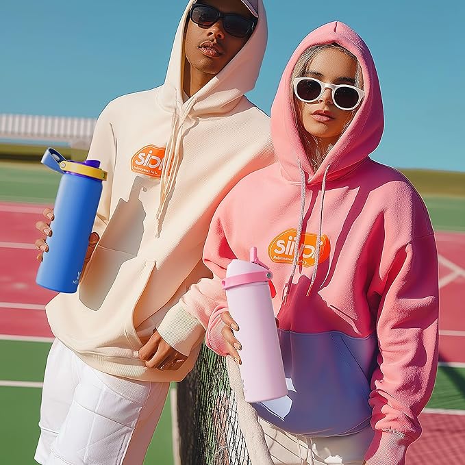 24 oz Insulated Water Bottle with Straw: Meoky Stainless Steel Metal Water Bottle with 2-in-1 Lid - Leak Proof, Cold for 24 Hours, Protective Silicone Base, BPA-Free for Sports Travel Car, Ivory