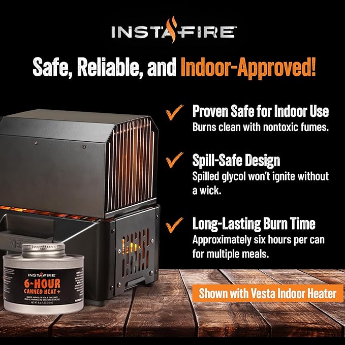 InstaFire 6-Hour Canned Heat (24 Cans), Canned Heat for Cooking, Canned Heat for Food, Heat for Camping, Heat for Camp Stove, Indoor Heat, Nontoxic Heat, Emergency Heat, Heat for Emergency