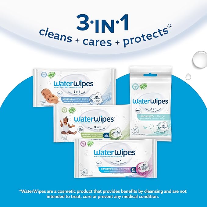 WaterWipes Sensitive+ On The Go Wipes, 3-In-1 Cleans, Cares, Protects, 99.9% Water, Unscented & Hypoallergenic Wet Wipes, 224 Count (8 Packs)