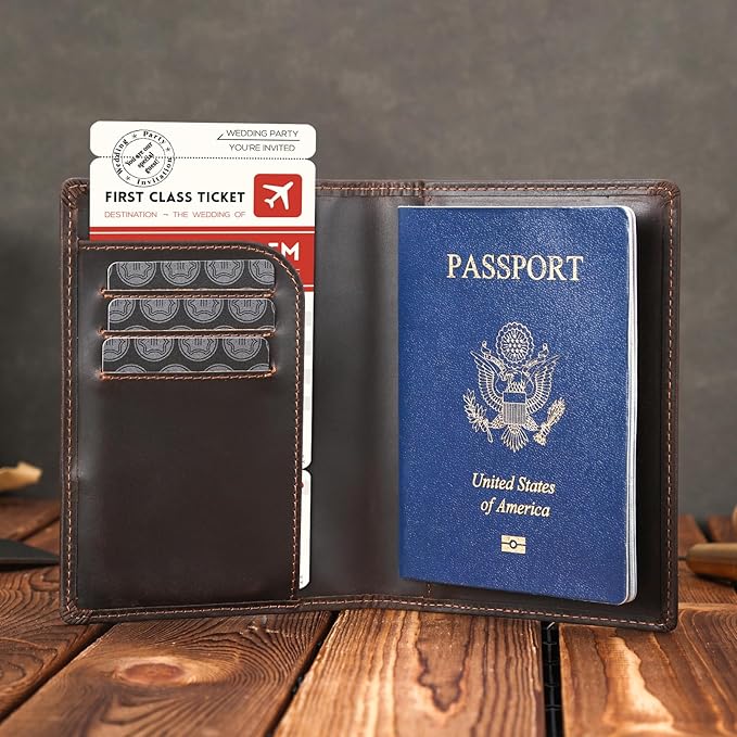 Polare Slim RFID Blocking Leather Passport Holder Travel Bifold Wallet For Men (Dark Brown with AirTag Holder)