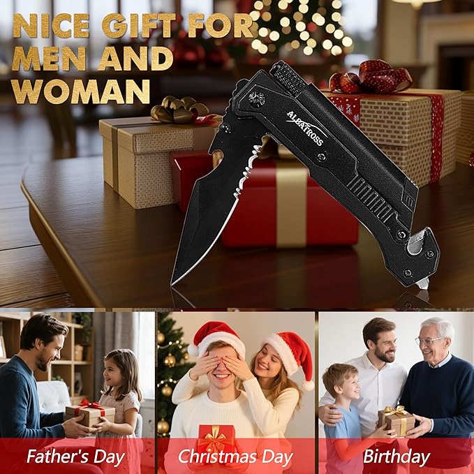 7-in-1 Tactical Survival Knife - Glass Breaker, Seatbelt Cutter, Serrated Steel Blade, Firestarter, LED Flashlight, Bottle Opener & Pouch | Military, Emergency, Outdoor Rescue Gear (Black)