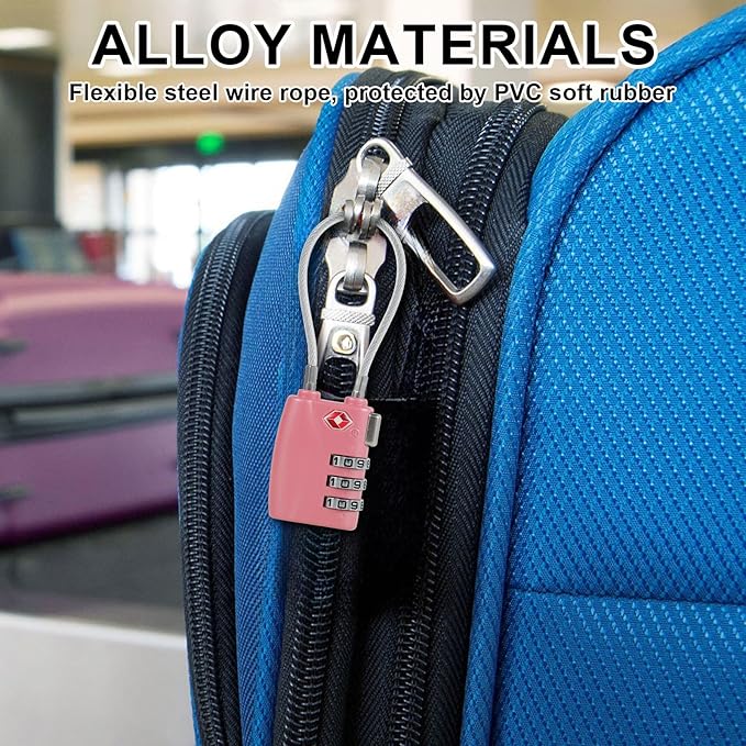 TSA Locks for Luggage TSA Approved Luggage Locks 3 Digit Combination TSA Travel Locks Portable Cable Padlocks Zinc Alloy Body Suitcase Locks for Travel Bag Suitcase Backpack Lockers,Pink