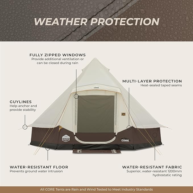 CORE 6 Person Bell Tent with LED Lights | Spacious Family Lighted Tent with Carry Bag for Camping, Glamping, and Backyard Adventures