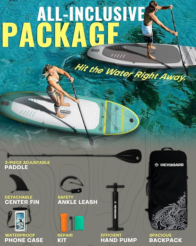 HEYBOARD Inflatable Stand Up Paddle Board 10'6"×32"×6" Standup Paddleboard with Premium SUP Accessories & Backpack, Non-Slip Deck, Waterproof Bag, Leash, Paddle, Hand Pump