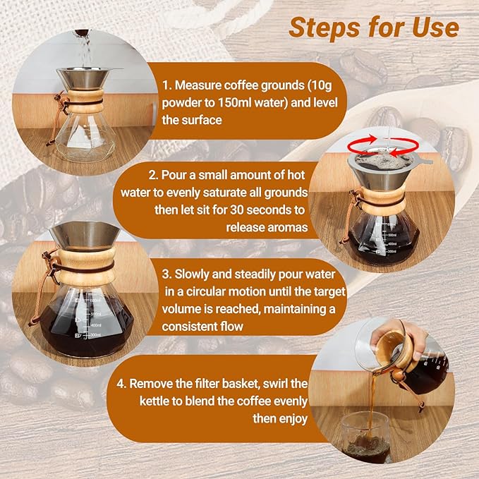 Coffee Pour Over 20.3oz 600ml High Borosilicate Glass Pour Over Coffee Maker Set Camping with Reusable 304 Stainless Steel Filter Hand Brew Carafe Drip Suitable for Electric Ceramic Stove