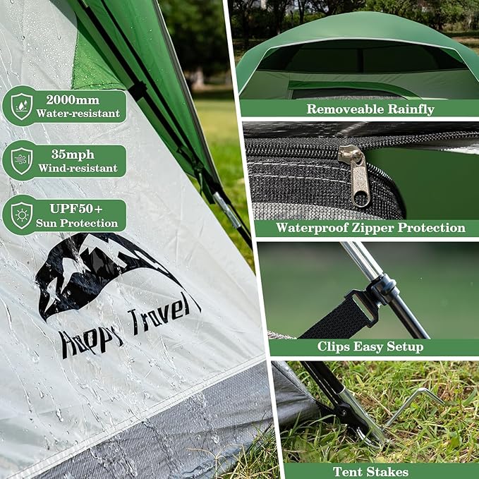 Happy Travel Camping Tent, 4/6 Person Dome Tents for Camping with Rainfly, Waterproof Clip Easy Setup Portable Family Tent with Mesh Windows, 20% More Headroom Backpacking Tents for Camping & Hiking