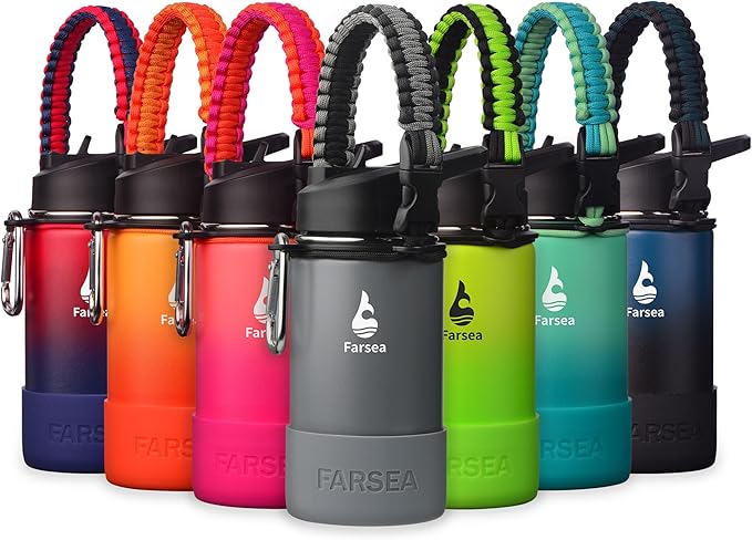 Farsea Insulated Water Bottle With Paracord Handle, Protective Silicone Boot and 2 Lids (Straw Lid & Spout Lid), Stainless Steel Water Bottle Wide Mouth, Double Wall Sweat-Proof BPA-Free,12 oz