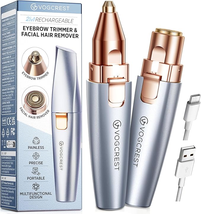 VG VOGCREST Eyebrow & Facial Trimmer: 2 in1 Rechargeable Facial Hair & Eyebrow Shaver - Painless LED Light (Sky Blue)