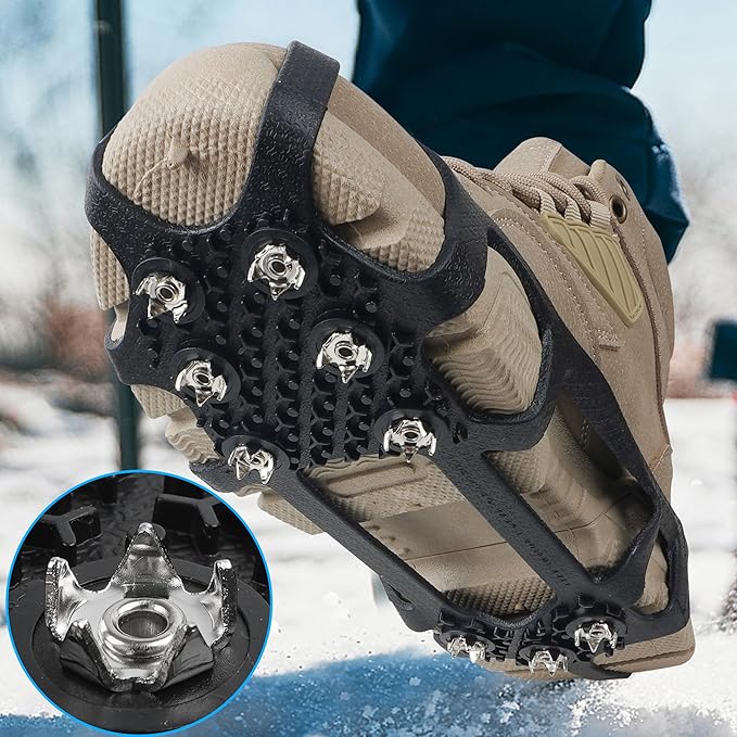 Crampons Ice Cleats for Shoes and Boots Traction Snow Cleats with 9 Studs Snow Cleats Chains Non Slip Rubber Crampons for Hiking Boots Men Women Ice Snow Winter Walking Climbing Fishing