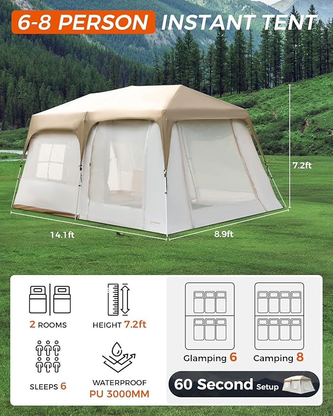 KingCamp Camping Tent 6-8 Person, Weatherproof Hot Tent Large Family Cabin Tents with Stove Jack, Waterproof & Windproof for Family Camping & Outdoor Parties