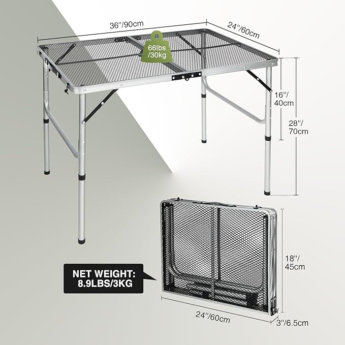 REDCAMP 36x24 Folding Grill Table for Outside, Lightweight Portable Metal Aluminum Outdoor Grill Table with Adjustable Height Legs, Great for Camping Picnic Cooking BBQ, Silver 3ft