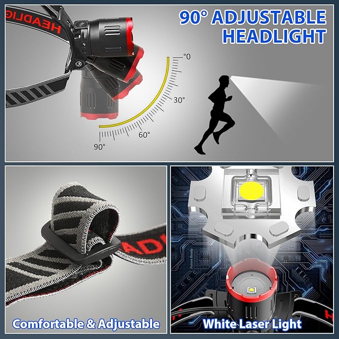 Yoobao Rechargeable Headlamp 2 Pack, USB Output, 3 Light Modes, 90°Adjustable, 100000 Lumens Headlights for Head, LED Headlamp for Running Cycling Repair Fishing Outdoor Essentials Gear