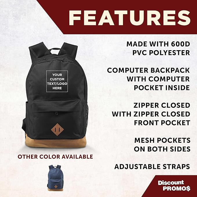 DISCOUNT PROMOS Custom Multipurpose Laptop Backpacks Set of 10/40/80, Personalized Bulk Pack - Lots of Features for Everyday Use, Perfect for Employess, Businessman - Black