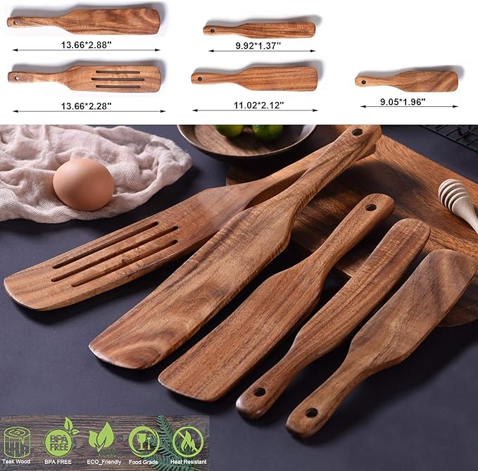 Spurtle Set,Wooden Spurtle Set of 5,Wooden Spoons for Cooking, Natural Teak Wooden Spatula for Cooking, Stirring, Mixing, Serving,Spurtles Kitchen Tools As Seen On Tv, Sourdough Starter Spatula