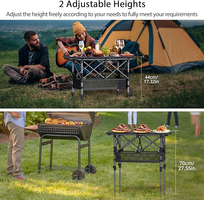 2ft Roll Up Camping Table, 2 Adjustable Heights Aluminum Folding Camping Table with Storage Net and Bag, Waterproof, Lightweight Outdoor Table 25” X 16”, for Outdoor Travel BBQ Picnic, Black
